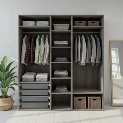 Dressing effet chêne grisé 6 tablettes 4 paniers GoodHome Atomia H. 225 x L. 200 x P. 58 cm