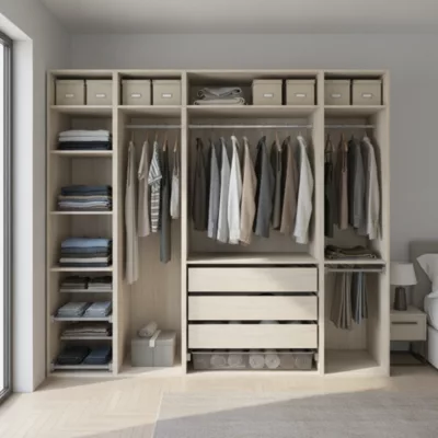 Dressing ouvert avec tiroirs et portes chaussures effet chêne GoodHome Atomia H. 225 x L. 250 x P. 58 cm