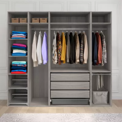 Dressing ouvert avec tiroirs et portes chaussures effet chêne grisé GoodHome Atomia H. 225 x L. 250 x P. 58 cm