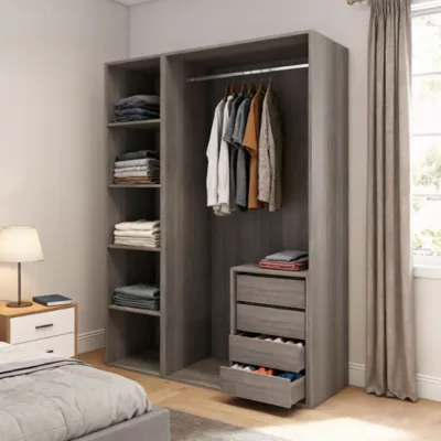 Dressing effet chêne grisé 4 tablettes 4 tiroirs GoodHome Atomia H. 225 x L. 150 x P. 58 cm