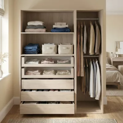 Dressing effet chêne 2 tablettes 3 tiroirs pleins + 2 transparents GoodHome Atomia H. 187,5 x L. 150 x P. 58 cm