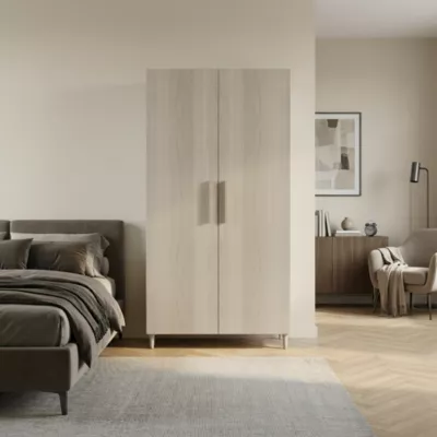 Armoire penderie blanche portes battantes effet chêne sur pieds GoodHome Atomia H. 197,5 x L. 100 x P. 60 cm