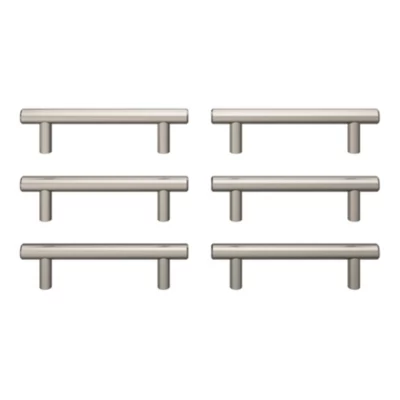 Lot 6 poignées de meuble en T GoodHome Dizel acier effet nickel satin gris l.136mm x l.12mm x H. 35mm entraxe 96mm