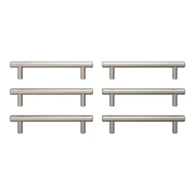 Lot 6 poignées de meuble en T GoodHome Dizel acier effet nickel satin gris l.168mm x l.12mm x H. 35mm entraxe 128mm
