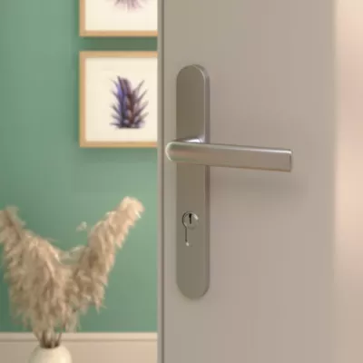 Ensemble poignée sur plaque Incurvé GoodHome Primel effet nickel satin gris L.126mm x l.33mm entraxe 195mm