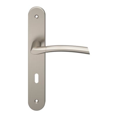 Lot 3 poignées sur plaque rond serrure GoodHome Hirel effet nickel satin gris L.128mm x l.40mm entraxe 195mm