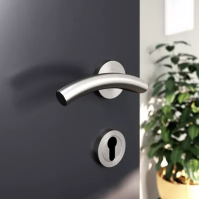 Ensemble poignée sur rosace rond à visser GoodHome Lagow acier inoxydable effet ino x satin gris Ø53mm