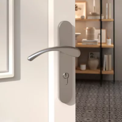 Ensemble poignée sur plaque rond GoodHome Ruis effet nickel satin gris L.138.5mm x l.40mm entraxe 195mm