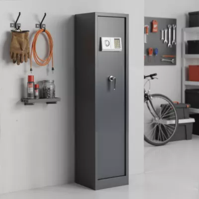Armoire à fusils serrure électronique Smith & Locke – 5 armes avec coffre intérieur, acier gris – 120 L – l.35 x H.145 x P.30 cm