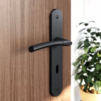Poignée sur plaque avec serrure, noir mat, L.128 mm x l.40 mm, entraxe 195 mm, GoodHome Hirel vendue par 3 pièces