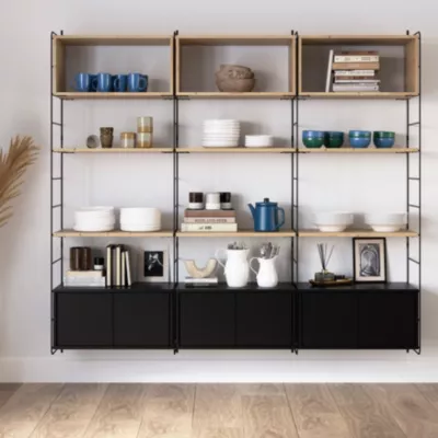 Étagère murale modulable avec 6 portes, 3 étagères murales, 6 tablettes et 4 échelles noir et pin massif GoodHome Rigga H. 171,2 x L. 180 x P. 29 cm