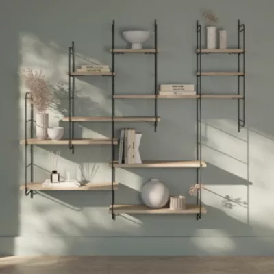 Étagère murale modulable 10 tablettes et 6 échelles effet chêne GoodHome Rigga H. 129 x L. 150 x P. 19 cm