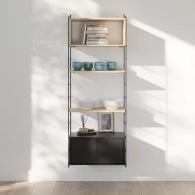Étagère murale modulable avec 2 portes, étagère murale, 2 tablettes et 2 échelles noir et pin massif GoodHome Rigga H. 171,2 x L. 60 x P. 29 cm