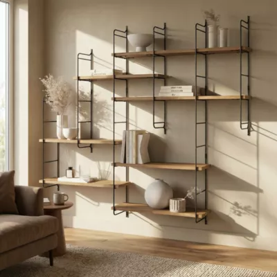 Étagère murale modulable 7 tablettes et 6 échelles effet noyer GoodHome Rigga H. 129 x L. 140 x P. 19 cm