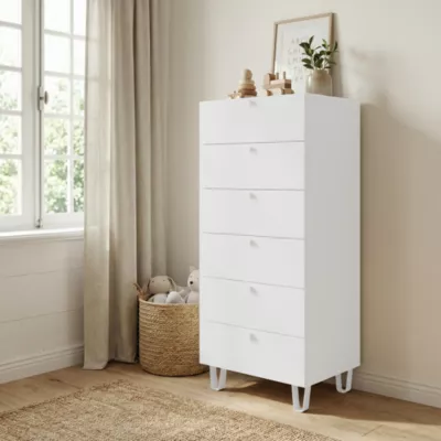 Commode blanche sur pieds 6 tiroirs chambre enfant GoodHome Atomia H. 123 x L. 50 x P. 45 cm