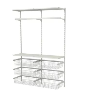 Rangement ouvert mural 2 colonnes avec penderie et 6 paniers H.200 x L.132 x P.40 cm