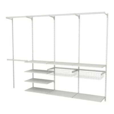 Rangement ouvert mural 4 colonnes avec penderie et 2 paniers H.200 x L.264 x P.40 cm