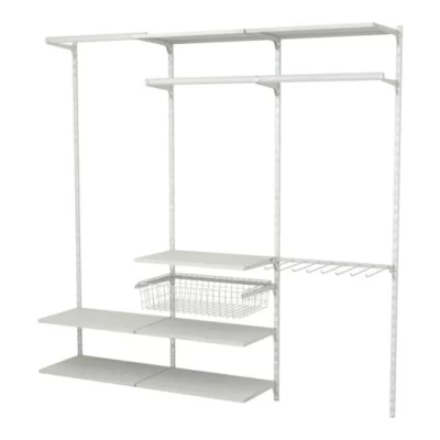 Rangement ouvert mural 3 colonnes avec penderie, porte-pantalon et 1 paniers H. 200 x L. 198 x P. 40 cm