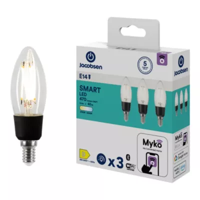 3 ampoules LED connectées Myko E14 flamme à filament 470lm=40W variation de blancs Jacobsen transparent