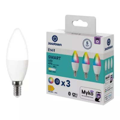 3 ampoules LED connectées Myko E14 flamme 470lm=40W variation de blancs et couleurs Jacobsen blanc