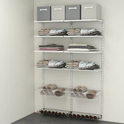 Rangement ouvert mural 2 colonnes avec 2 paniers, 2 tablettes filaires et 2 range bouteilles H. 200 x L. 132 x P. 40 cm