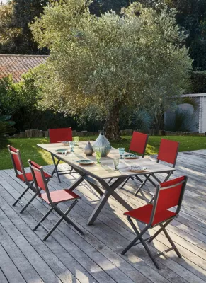 Salon de jardin table et chaises chêne/rouge 6-8 personnes Absolu Thema Proloisirs