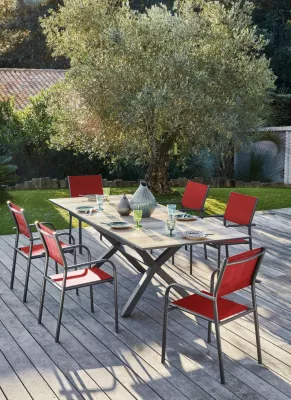 Salon de jardin table et fauteuils chêne/rouge 6-8 personnes Absolu Duca Proloisirs