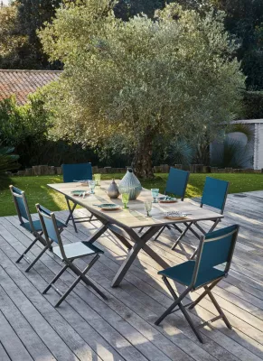 Salon de jardin table et chaises chêne/bleue 6-8 personnes Absolu Thema Proloisirs