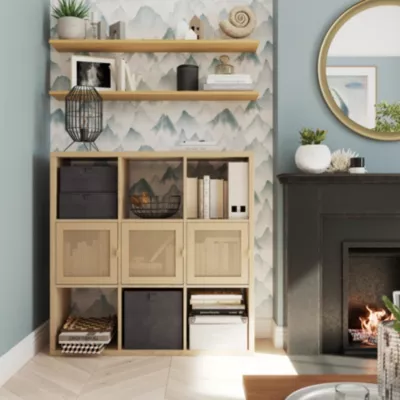 Étagère modulable 9 cubes avec 3 portes en rotin GoodHome Mixxit effet bois