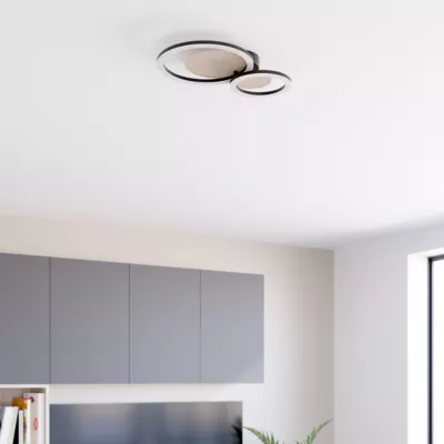 Plafonnier rond LED 2 lampes effet bois et métal noir L.30 x l.45 x H.7cm 12W 1500lm GoodHome Helicona