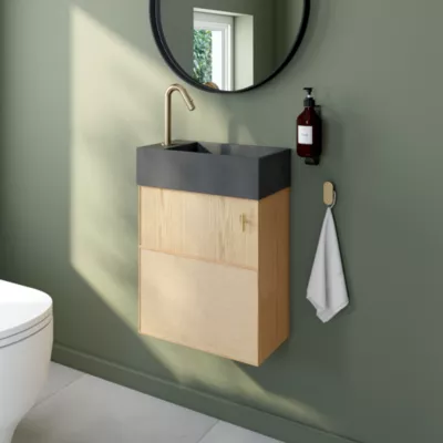 Ensemble meuble lave-mains Java effet chêne clair et jute l.44 cm + plan vasque lave-mains béton gris