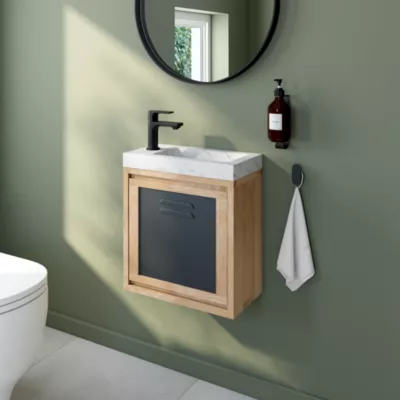 Ensemble meuble lave-mains à suspendre Indus chêne massif l.44 cm + plan vasque lave-mains effet marbre blanc