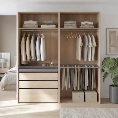 Dressing effet chêne avec porte pantalon 4 tablettes 3 tiroirs GoodHome Atomia H. 225 x L. 200 x P. 58 cm