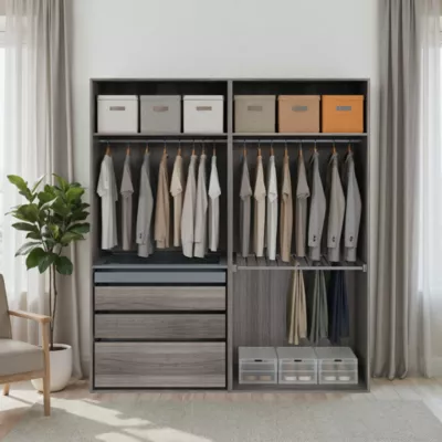 Dressing effet chêne grisé avec porte pantalon 4 tablettes 3 tiroirs GoodHome Atomia H. 225 x L. 200 x P. 58 cm