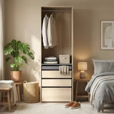 Dressing effet chêne 4 tablettes 3 tiroirs GoodHome Atomia H. 225 x L. 75 x P. 58 cm