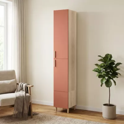 Colonne meuble TV terracotta et effet chêne avec 3 portes GoodHome Atomia H. 187 x L. 37 x P. 45 cm