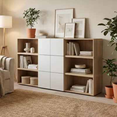 Armoire 6 portes battantes gris clair et effet chêne GoodHome Atomia H. 112 x L. 225 x P. 35 cm