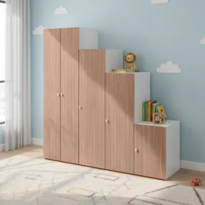 Armoire penderie 5 portes battantes effet chêne chaude et blanc GoodHome Atomia H. 225 x L. 225 x P. 58 cm