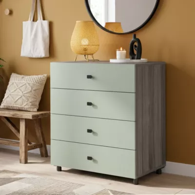 Commode vert agave et effet chêne grisé avec 4 tiroirs GoodHome Atomia H. 75 x L. 75 x P. 45 cm