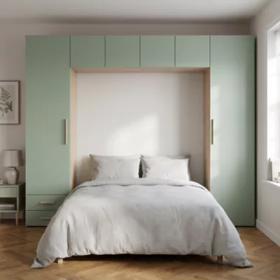 Pont de lit vert agave et effet chêne avec 6 portes et 2 tiroirs GoodHome Atomia H. 225 x L. 250 x P. 45 cm