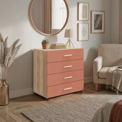 Commode terracotta et effet chêne avec 4 tiroirs GoodHome Atomia H. 75 x L. 75 x P. 45 cm