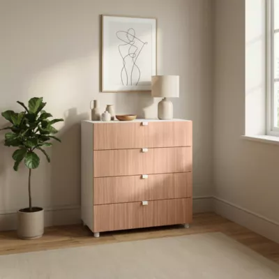 Commode effet chêne et blanc avec 4 tiroirs GoodHome Atomia H. 75 x L. 75 x P. 45 cm