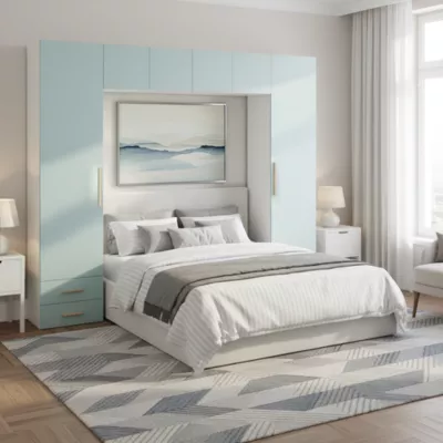 Pont de lit bleu aqua et blanc avec 6 portes et 2 tiroirs GoodHome Atomia H. 225 x L. 250 x P. 45 cm