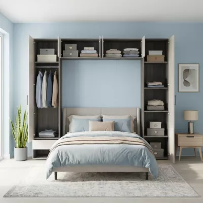 Pont de lit bleu beige cachemire et effet chêne grisé avec 6 portes et 2 tiroirs GoodHome Atomia H. 225 x L. 250 x P. 45 cm