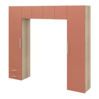 Pont de lit bleu terracotta et effet chêne avec 6 portes et 2 tiroirs GoodHome Atomia H. 225 x L. 250 x P. 45 cm