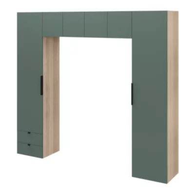 Pont de lit vert forêt et effet chêne avec 6 portes et 2 tiroirs GoodHome Atomia H. 225 x L. 250 x P. 45 cm