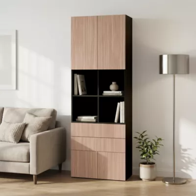 Bibliothèque semi ouverte effet chêne chaud et noir 4 portes 2 tiroirs GoodHome Atomia H. 225 x L. 75 x P. 35 cm