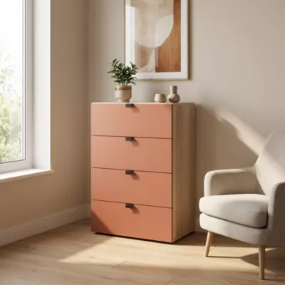 Commode terracotta et effet chêne avec 4 tiroirs GoodHome Atomia H. 75 x L. 50 x P. 45 cm