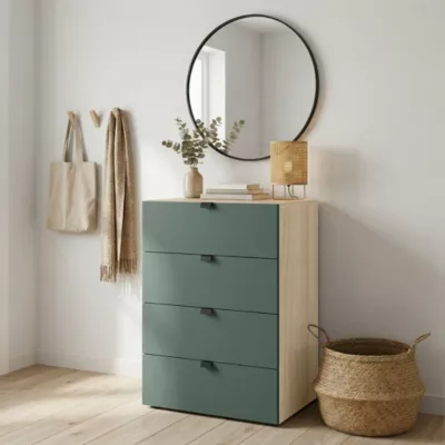 Commode vert forêt et effet chêne avec 4 tiroirs GoodHome Atomia H. 75 x L. 50 x P. 45 cm