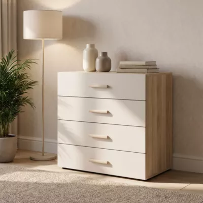 Commode beige cachemire et effet chêne avec 4 tiroirs GoodHome Atomia H. 75 x L. 75 x P. 58 cm